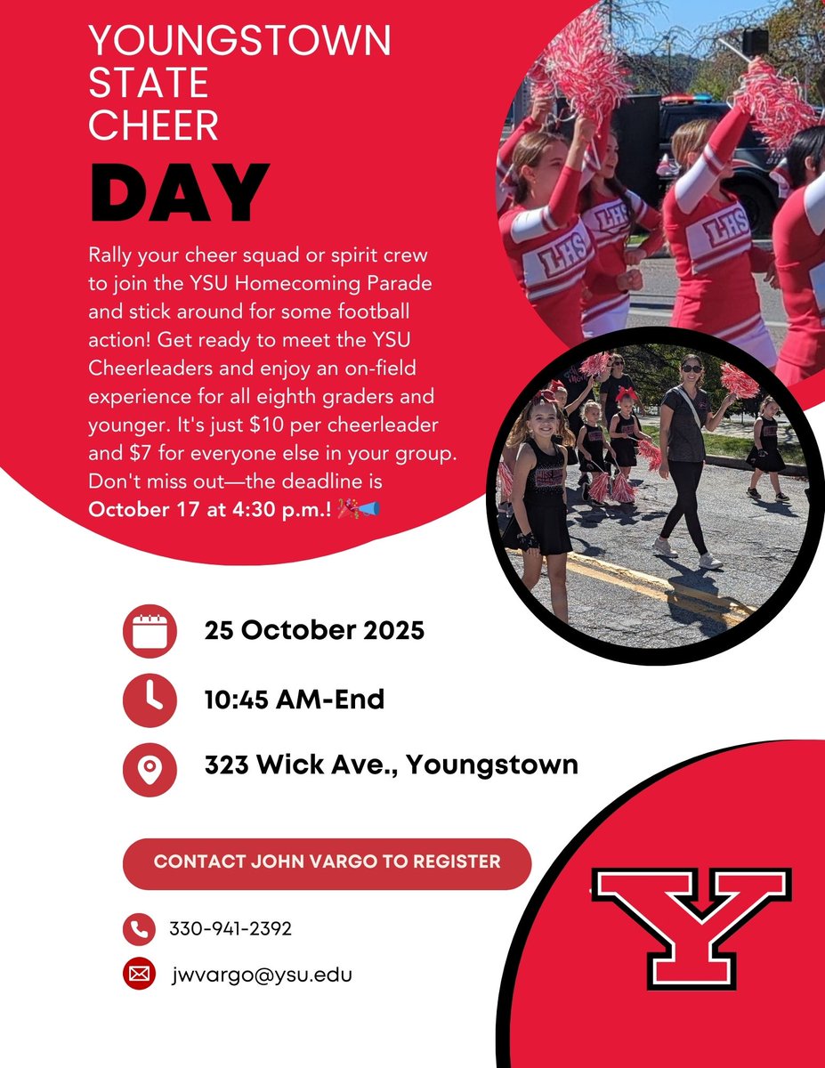 John Vargo (@jvargoysu) on Twitter photo Bring your cheer groups to be part of the <a href="/youngstownstate/">Youngstown State University</a> Homecoming Parade on October 25th and stay for the <a href="/ysufootball/">Youngstown State Football</a> game at 2 p.m. vs. Murray State. Contact John Vargo at 330-941-2392 or jwvargo@ysu.edu for more information. #GoGuins Bring your cheer groups to be part of the <a href="/youngstownstate/">Youngstown State University</a> Homecoming Parade on October 25th and stay for the <a href="/ysufootball/">Youngstown State Football</a> game at 2 p.m. vs. Murray State. Contact John Vargo at 330-941-2392 or jwvargo@ysu.edu for more information. #GoGuins