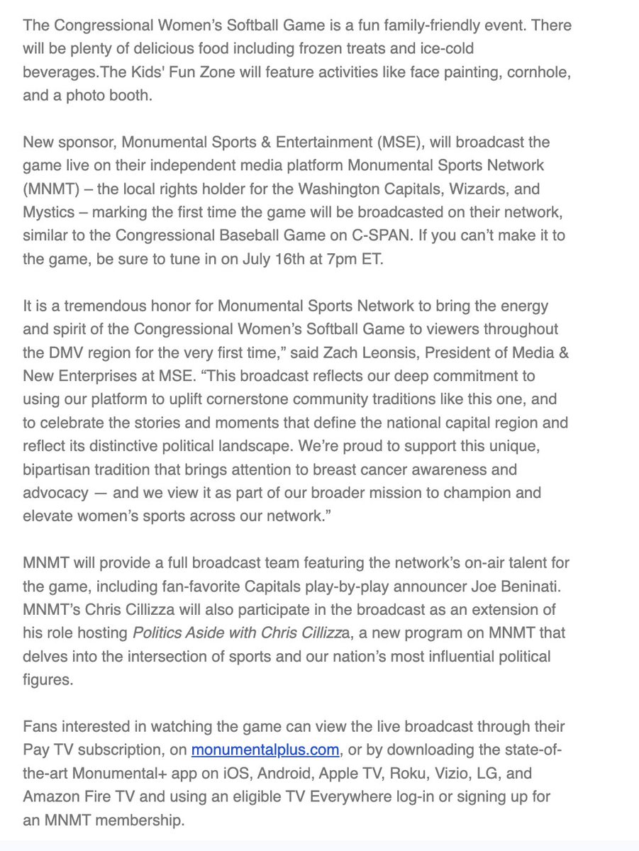 Big news on the congressional sports front: The Congressional Women's Softball Game is going to be at Audi Field this year! And it's going to be broadcast on TV for the first time, on the Monumental Sports Network. 

Exciting stuff all around 🥎🥎🥎