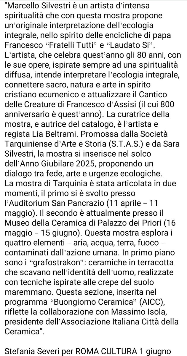 silvestri_arte's tweet image. grazie Stefania Severi x questo articolo sulla mia #mostra #sacra #ecologiadentro a #tarquinia #ecologia #arte #cultura #artecontemporanea #maremma #grafostrakon #ceramica #artista #meditazione #spiritualita #laudatosi #fratellitutti #arteitaliana
@LiaBeltrami @Sara1Silvestri