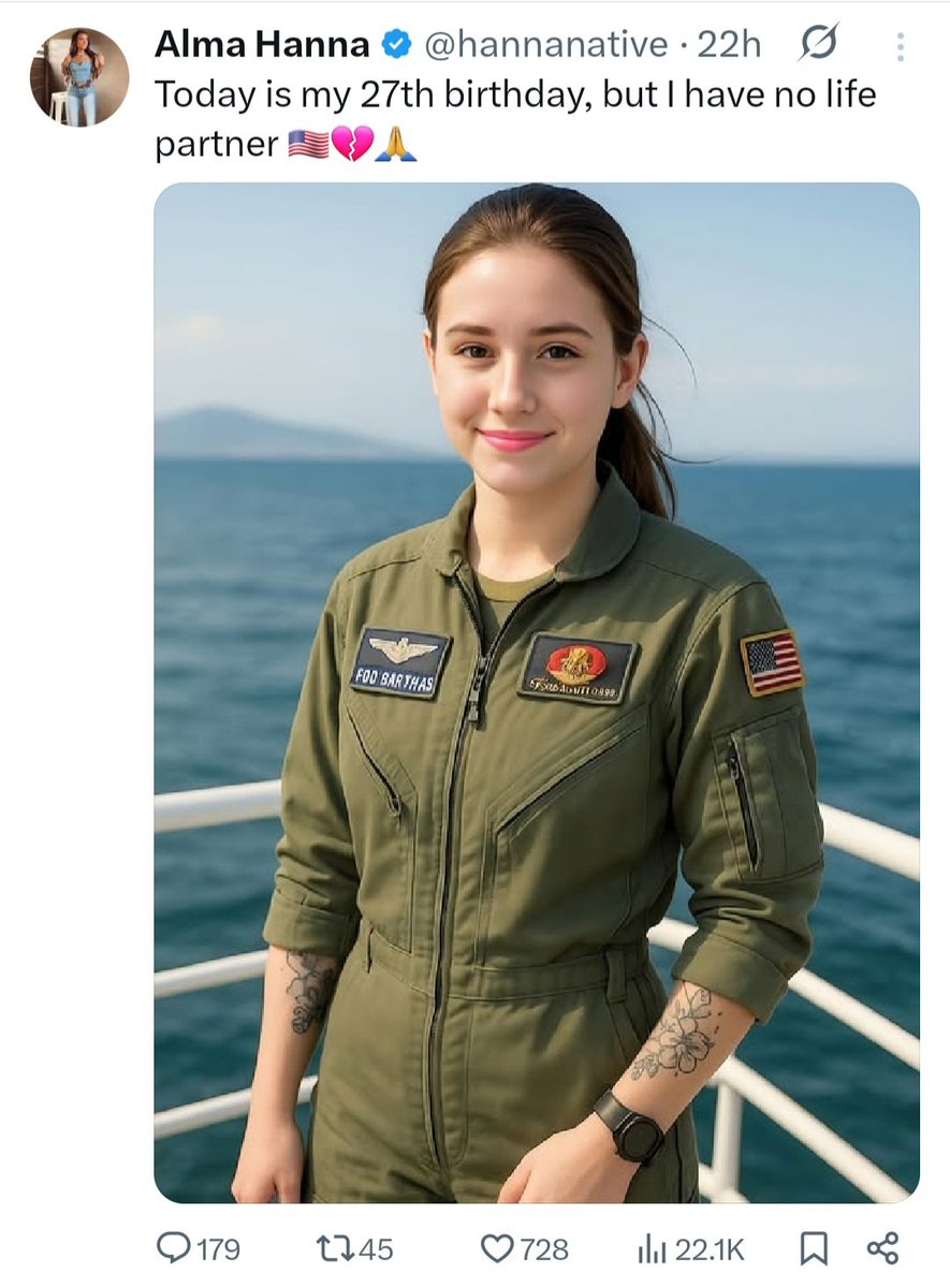 Shayan86's tweet photo. This is an AI-generated image posted  by a fake account that uses engagement farming as part of a sophisticated scam operation.

Here are a few other AI-generated images of fake women soldiers and their imaginary birthdays posted by the same account. https://t.co/cct2Dm3FmN