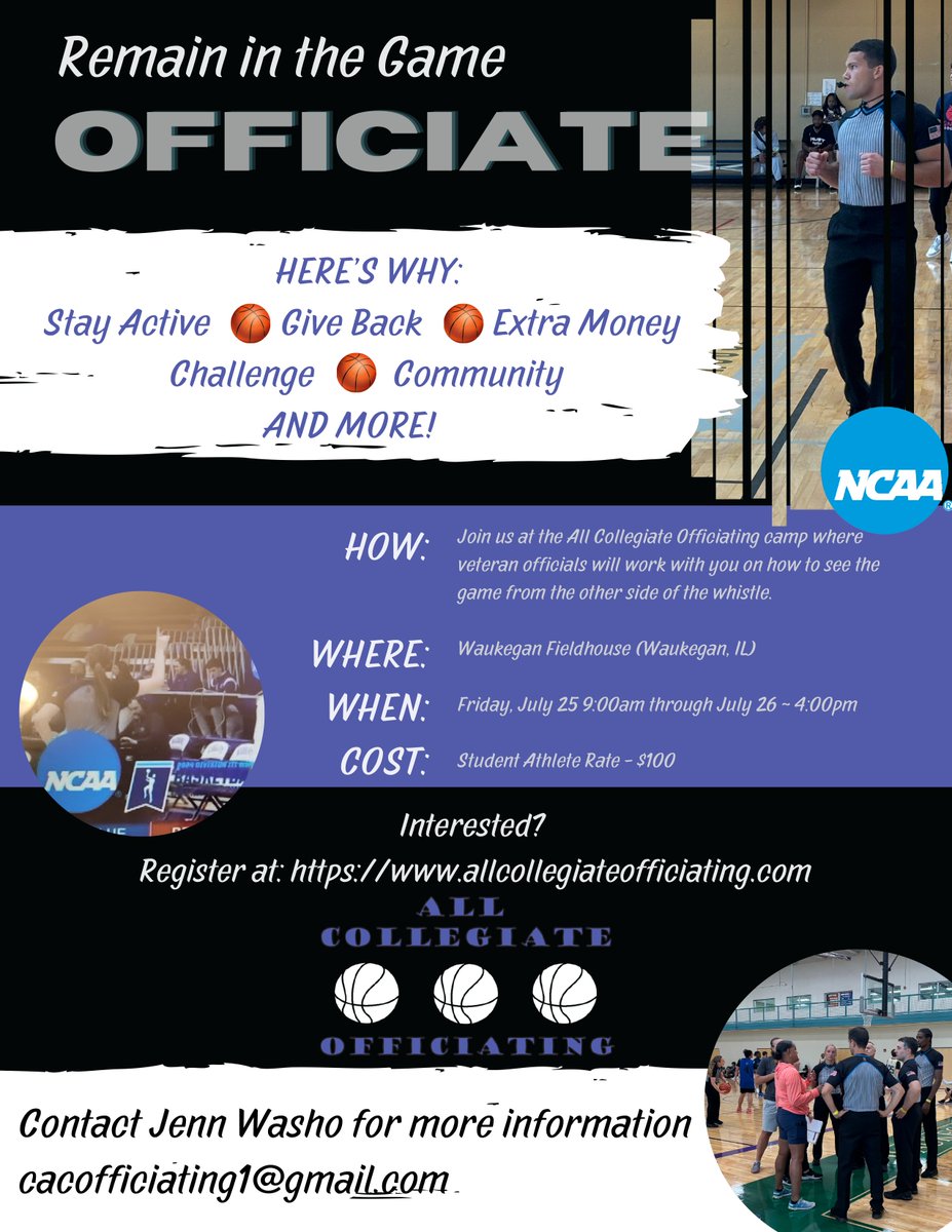 CCIW (@cciw_athletics) on Twitter photo Interested in basketball officiating? Participate in the All Collegiate Officiating camp on July 25-26 in Waukegan, Ill.
Register for the camp here: allcollegiateofficiating.com
Contact Jenn Washo for more information: cacofficiating1@gmail.com. Interested in basketball officiating? Participate in the All Collegiate Officiating camp on July 25-26 in Waukegan, Ill.
Register for the camp here: allcollegiateofficiating.com
Contact Jenn Washo for more information: cacofficiating1@gmail.com.