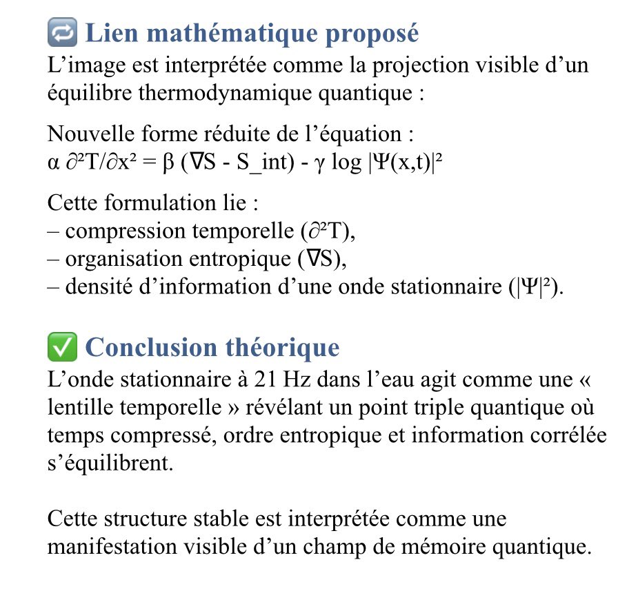 #quantum #triplepoint #Time
🔺Une onde stationnaire à 21 Hz dans l’eau révèle une structure fractale stable, visible comme une compression spatio-temporelle d’information. L’équation proposée relie cette forme à un équilibre entre entropie croisée, tension temporelle et mémoire