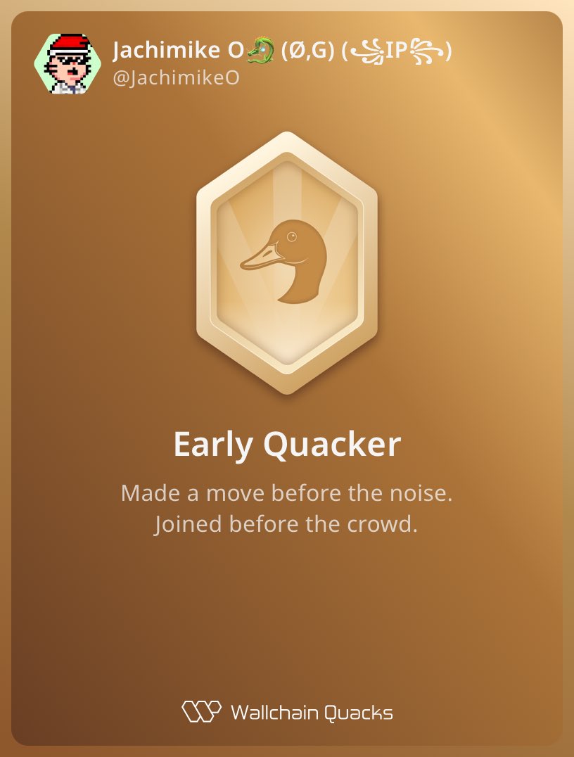 Jachimike O๐ (ร,G) (๊งIP๊ง) (@jachimikeo) on Twitter photo Just unlocked the Early Quacker on <a href="/wallchain_xyz/">Wallchain Quacks</a> ๐
How cool is that?
Feels great to have my contributions recognized.
Howโs Wallchain Quacks been treating you so far?
Not on board yet? Drop a comment for an invite ๐๐ฆ Just unlocked the Early Quacker on <a href="/wallchain_xyz/">Wallchain Quacks</a> ๐
How cool is that?
Feels great to have my contributions recognized.
Howโs Wallchain Quacks been treating you so far?
Not on board yet? Drop a comment for an invite ๐๐ฆ