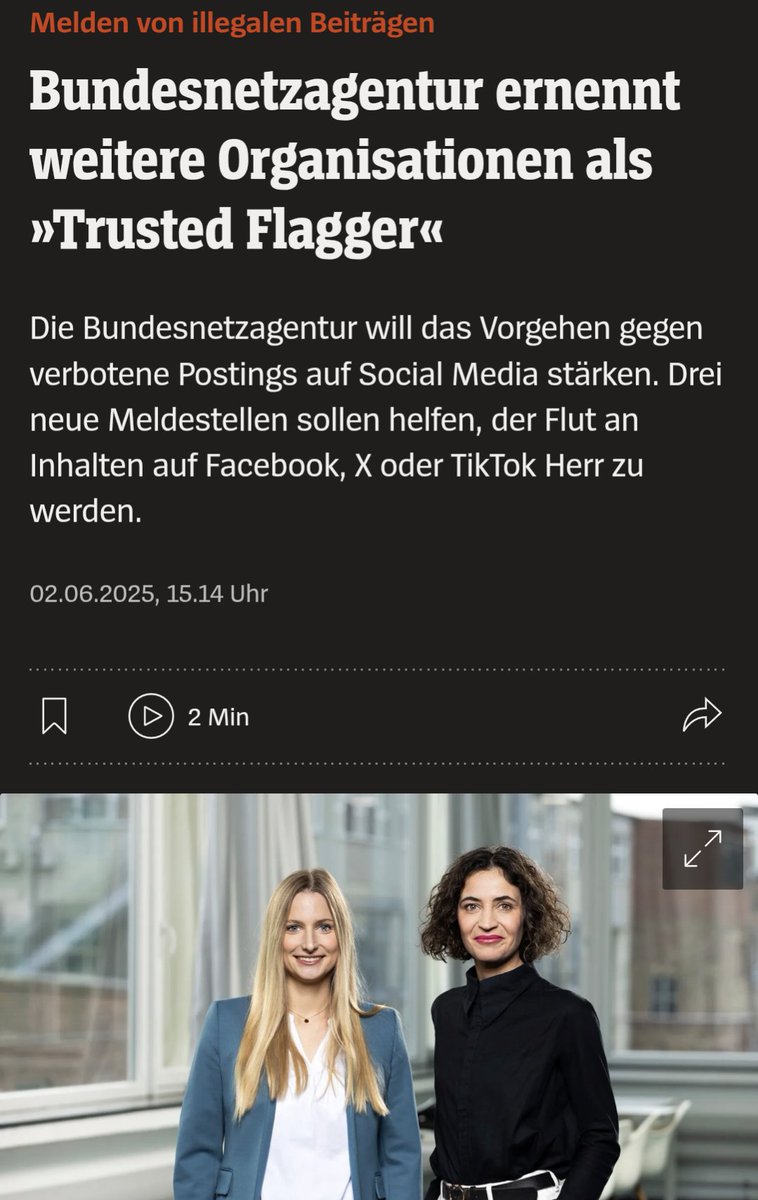 Links ist vorbei und die Regierung von Friedrich Merz ernennt HateAid zu "Trusted Flaggern", also zu neuen Zensoren. Man fasst es alles nicht mehr.
spiegel.de/netzwelt/netzp…
