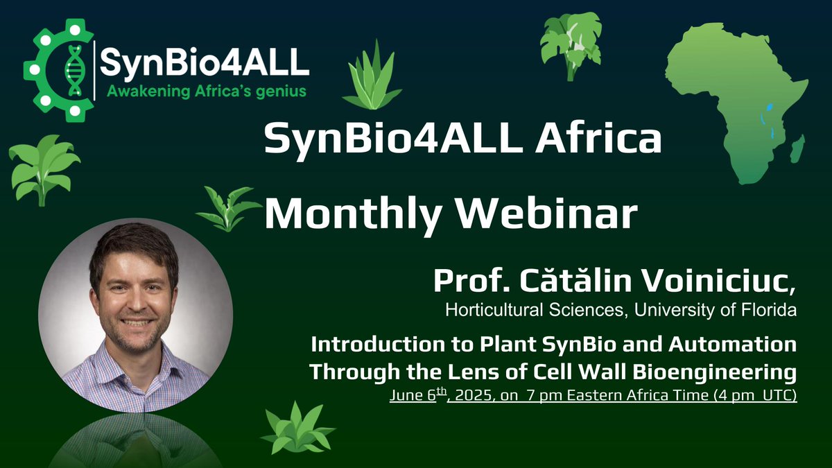 Synbio4allA's tweet image. Register for this webinar: forms.gle/H6pujWvCitJeqB……Webinar w/ Prof. Cătălin Voiniciuc → Fri, June 6 at 7PM EAT| 4PM UTC Even if you're in the course, register separately for the webinar! Plant SynBio Class → Wed, June 4 at 7PM EAT| 4PM UTC Email: synbioforall@gmail.com