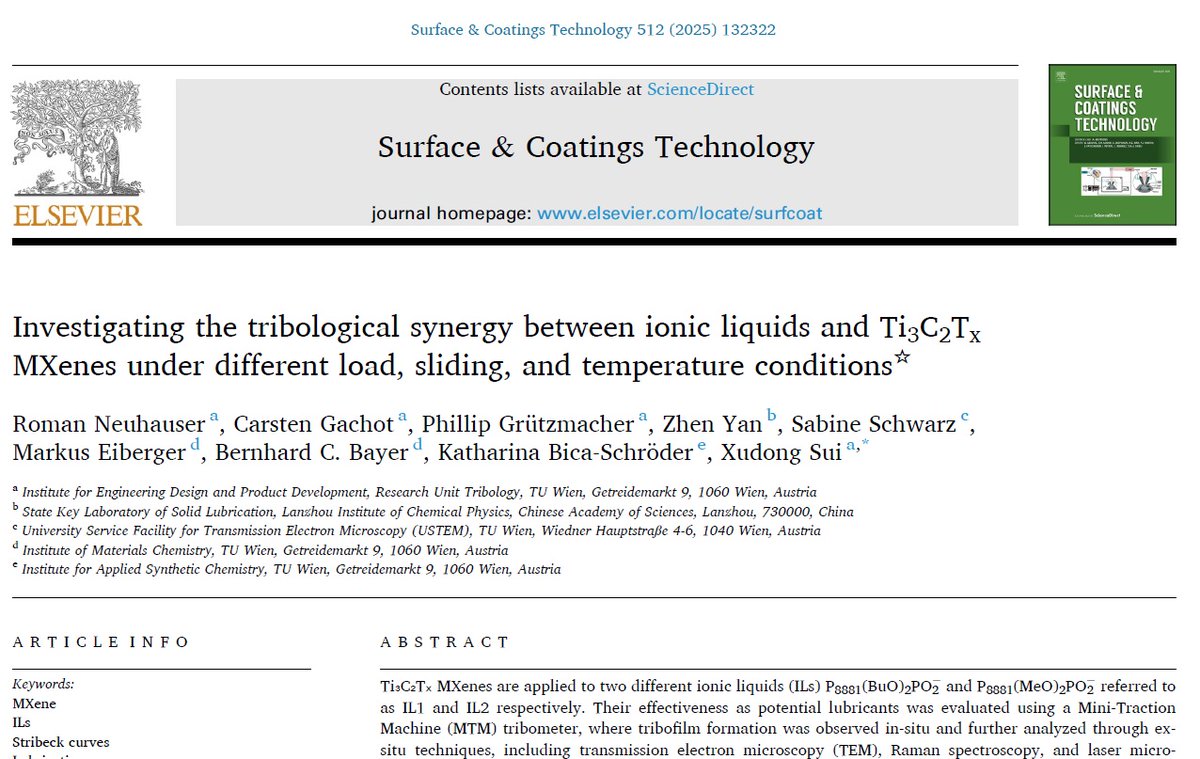 Bernhard C. Bayer (@nanobayer) on Twitter photo Investigating #tribological synergy between ionic liquids & Ti3C2Tx #MXenes under different load, sliding, & temperature conditions by R. Neuhauser, C. Gachot & X. Sui with small 2D+ contribution (M. Eiberger)
doi.org/10.1016/j.surf…
#Laser2D <a href="/IEA/">International Energy Agency</a> #FFG <a href="/BMIMI_gv_at/">BMIMI</a> <a href="/klimafonds/">Klima+Energiefonds</a> Investigating #tribological synergy between ionic liquids & Ti3C2Tx #MXenes under different load, sliding, & temperature conditions by R. Neuhauser, C. Gachot & X. Sui with small 2D+ contribution (M. Eiberger)
doi.org/10.1016/j.surf…
#Laser2D <a href="/IEA/">International Energy Agency</a> #FFG <a href="/BMIMI_gv_at/">BMIMI</a> <a href="/klimafonds/">Klima+Energiefonds</a>