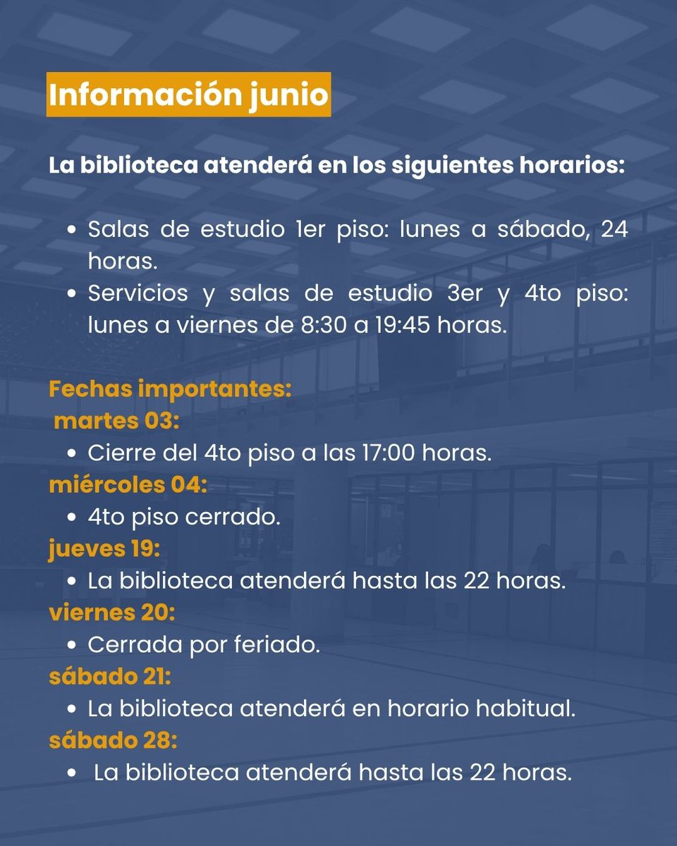 🗓️Comienza junio y en #BibliotecasUdeC compartimos los horarios de funcionamiento de la #BibliotecaCentral⏰.
#LaCentral #Biblioteca #Servicios