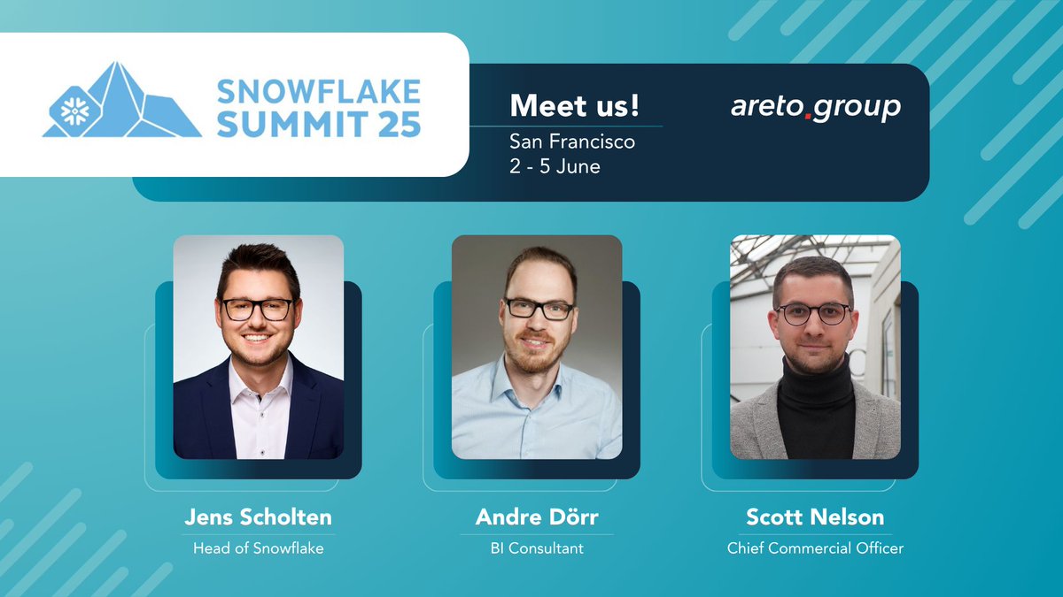 🚀 ❄️areto live beim <a href="/Snowflake/">Snowflake</a> Summit in San Francisco! 🚀 ❄️
Unsere Kollegen Jens, Scott und Andre freuen sich auf spannende Gespräche und neue Kontakte. 👉 Einfach einen Kommentar hinterlassen, um ein Treffen zu vereinbaren. 
#SnowflakeSummit2025 #DataCollaboration #Snowflake