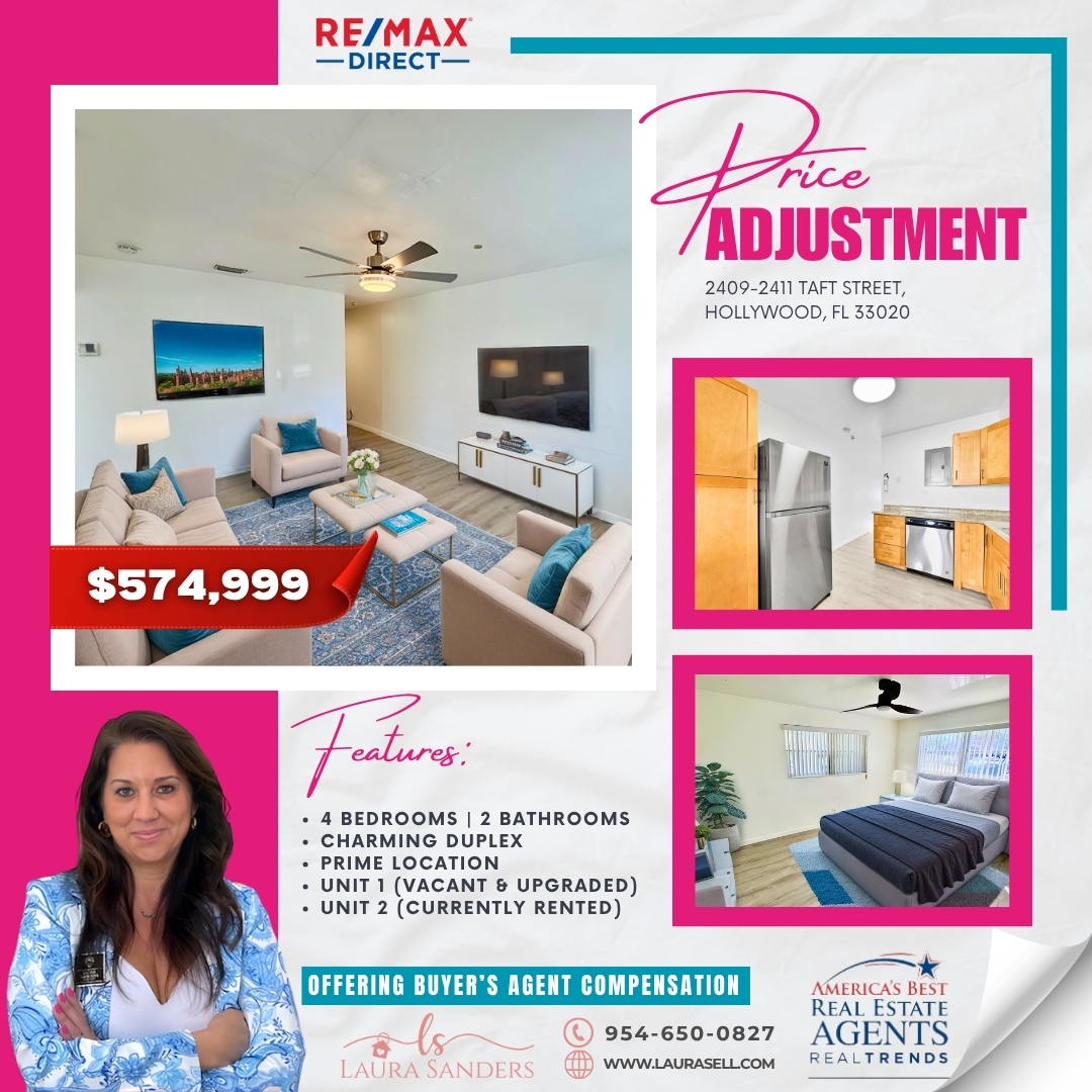 laurasellsflcom's tweet photo. ๐จ PRICE ADJUSTMENT ALERT! Now Offered at $574,999 ๐จ
๐ 2409-2411 Taft Street, Hollywood, FL 33020
๐ฒ Call Laura Sanders at 954-650-0827 to schedule your private tour today!
#DuplexForSale #HollywoodFL #RealEstateDeal #InvestmentProperty #HouseHacking #FirstTimeHomeBuyer https://t.co/3LHs8xzck2