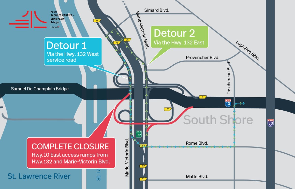 Brossard Sector | Complete night closure of Hwy.10 East access ramps on June 2
See notice: jacquescartierchamplain.ca/en/structures/…
 #JCCBI #mobilitéMTL #ChamplainBridge