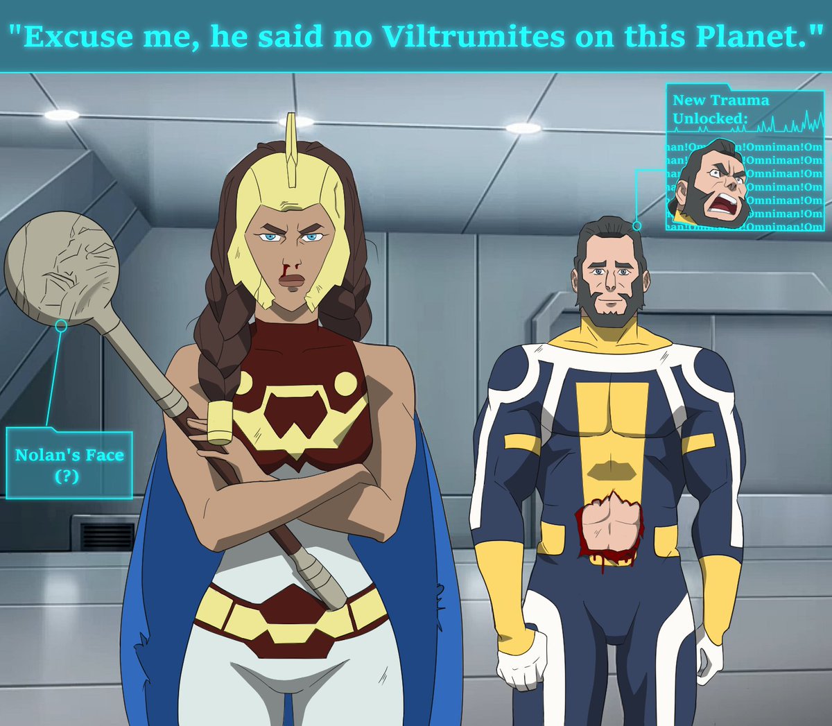 Fre4kyMark's tweet image. So... Omniman's ambush didn't exactly go as he planned, huh? 
(My version of the "he asked for no pickles meme) Hope you'll like it! 💕
#INVINCIBLE #invinciblefanart #INVINCIBLESeason3 #immortal #warwoman #omniman #redrush