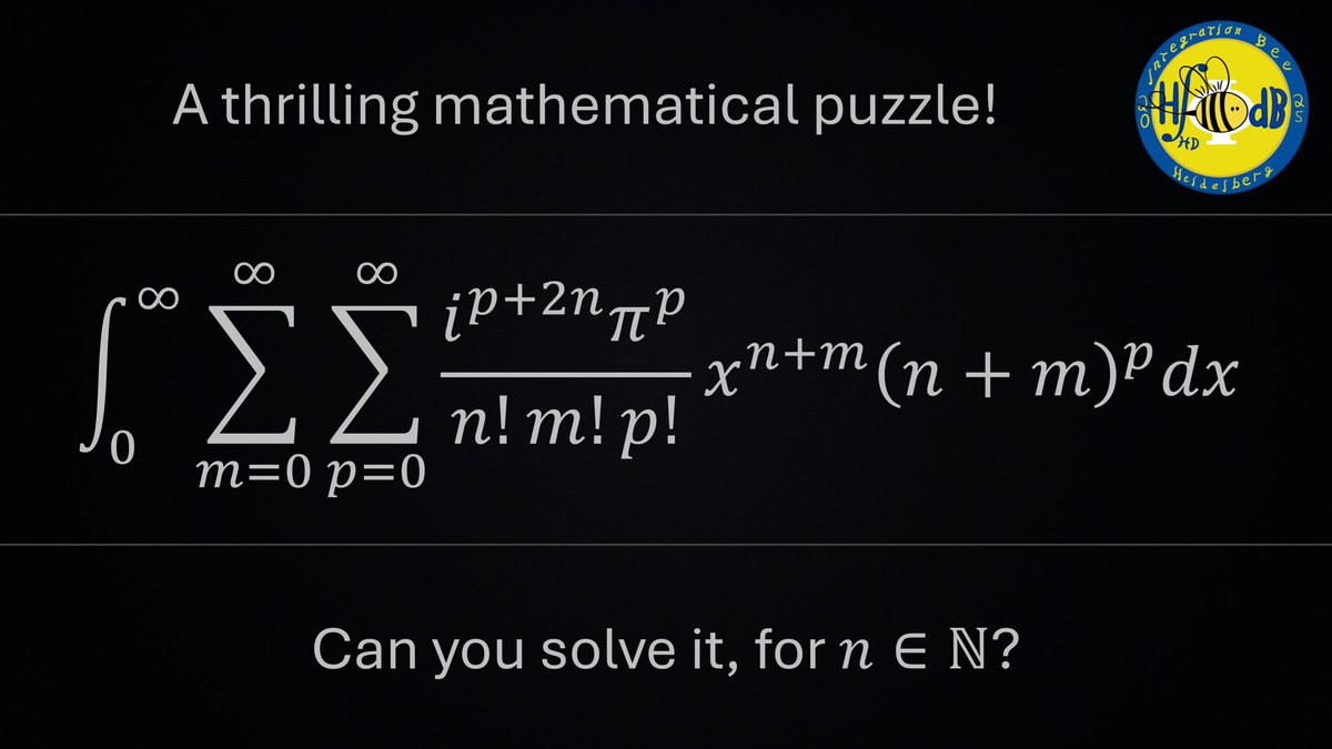 RBehiel's tweet image. To my fellow math enthusiasts, here’s a puzzle for you. Think you can solve it?
This was my submission to the 2025 Heidelberg Integration Bee, used as the first integral in the final round.
It’s a tough one! 😈
youtu.be/inDNl0hOjaI
#Math #Calculus #IntegrationBee #STEM