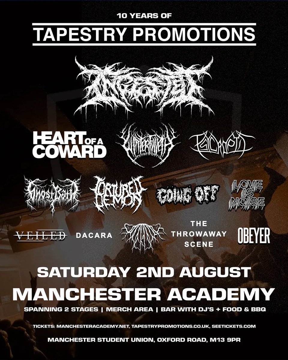 Catch <a href="/OBEYERband/">OBEYER</a> on August 2nd at Manchester Academy to celebrate 10 years of <a href="/TapestryPromo/">Tapestry Promotions</a>. Tickets at fatsoma.com/e/b9mkjl9q/10-…