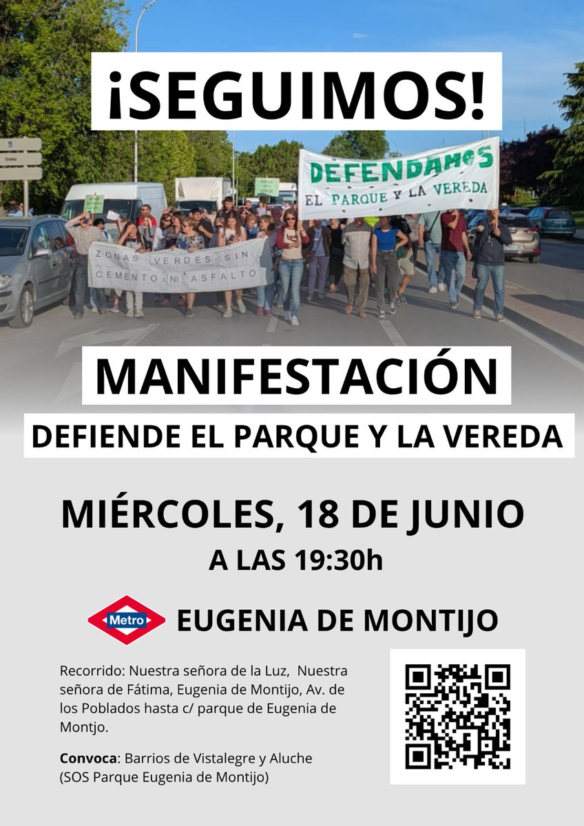 ¡Por nuestra salud y la de las generaciones que vienen. Por el futuro y las zonas verdes de nuestros distritos y de toda la ciudad libres de cemento y de especulación!

18 de junio en el metro Eugenia de Montijo a las 19:30

¡Barrios Unidos, parques protegidos!

 ☘️🌳🌻🌈