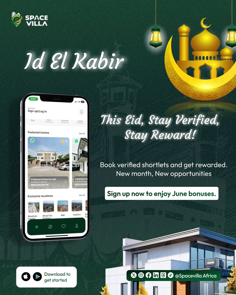 SpacevillaA's tweet photo. Start June with rewards🥳🥳
Get rewarded when you book shortlets in verified cities. Sign up and unlock your June rewards today
#JuneRewards #SpaceVillaAfrica Happy new week Dembele Amen Russia Barca Enrique Barbecue Yamal Amaechi https://t.co/87LZxlRvxX