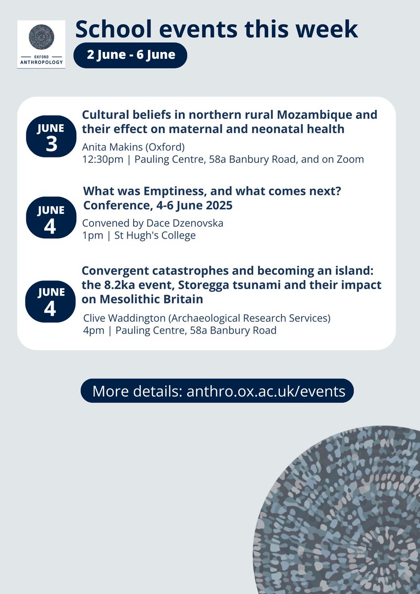 Oxford Anthropology (@oxford_anthro) on Twitter photo Don't miss this week’s #anthropology events:
-Cultural beliefs in Mozambique, Anita Makins <a href="/Ox_wrh/">Nuffield Dept of Women's & Reproductive Health</a>
-What was emptiness, and what comes next? <a href="/DaceDzenovska/">Dace Dzenovska</a> <a href="/oxford_anthro/">Oxford Anthropology</a>
-Storegga tsunami impact on Mesolithic Britain, Clive Waddington <a href="/CarryOnDigging/">Archaeological Research Services Ltd.</a>
anthro.ox.ac.uk/events Don't miss this week’s #anthropology events:
-Cultural beliefs in Mozambique, Anita Makins <a href="/Ox_wrh/">Nuffield Dept of Women's & Reproductive Health</a>
-What was emptiness, and what comes next? <a href="/DaceDzenovska/">Dace Dzenovska</a> <a href="/oxford_anthro/">Oxford Anthropology</a>
-Storegga tsunami impact on Mesolithic Britain, Clive Waddington <a href="/CarryOnDigging/">Archaeological Research Services Ltd.</a>
anthro.ox.ac.uk/events