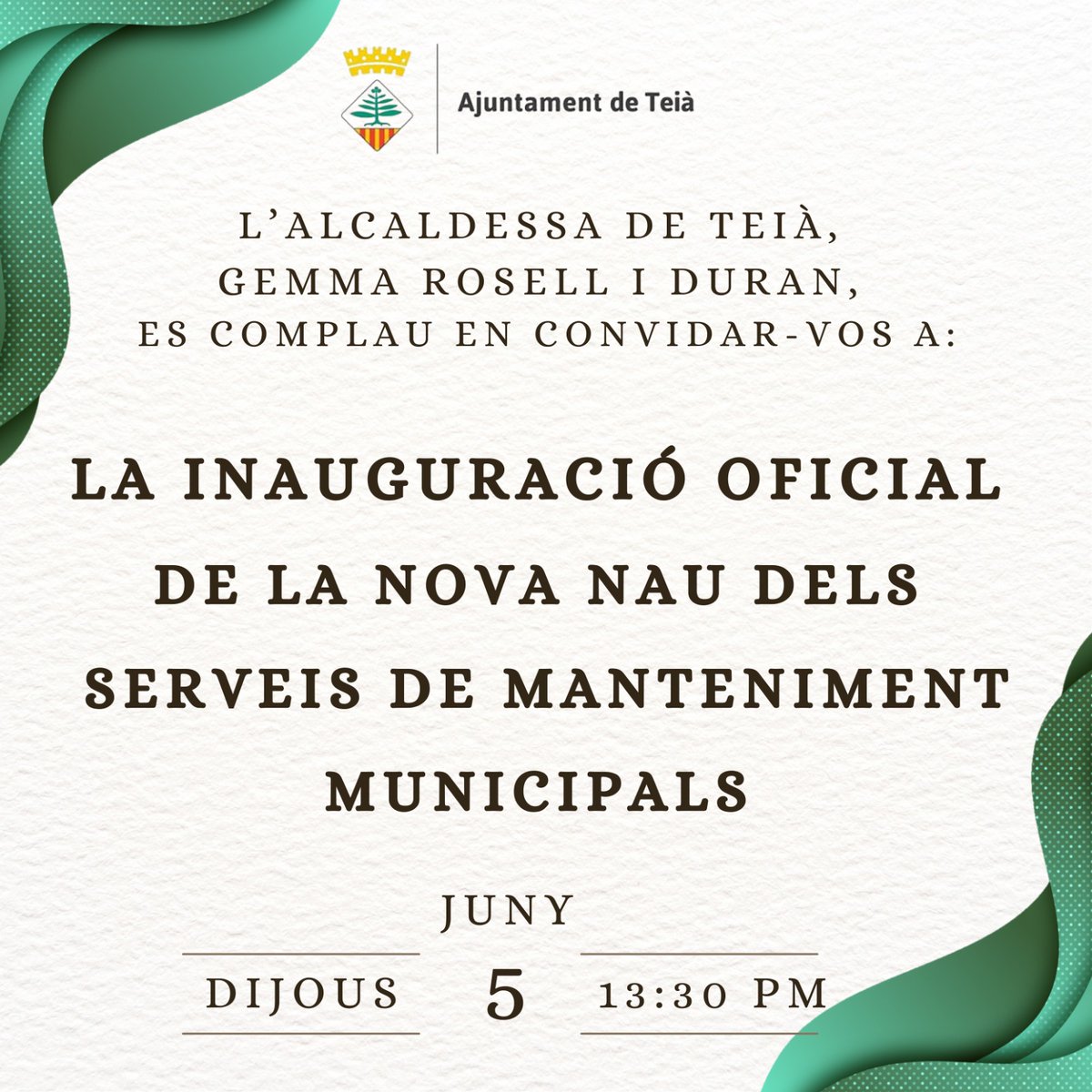 🎀 Inauguració de la nau de Serveis Municipals:

📆 Dijous 5 de juny 
⏰ 13.30 h
📌 Carretera nova de #Teià, entre la depuradora i la deixalleria

✅ Activitat oberta a tothom