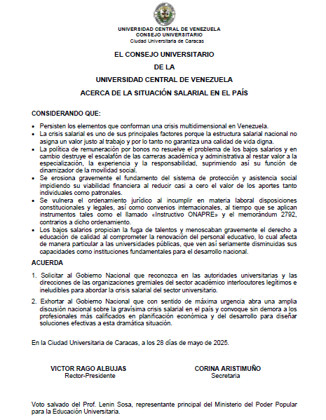 LeonardoVera60's tweet photo. Comunicado del Consejo Universitario de la UCV exhortando al Ejecutivo a abrir una discusión, a nivel nacional, sobre la gravisima situación salarial y a diseñar soluciones efectivas al drama que está menoscabando la calidad de la educación en el país. https://t.co/be15bxyXTK