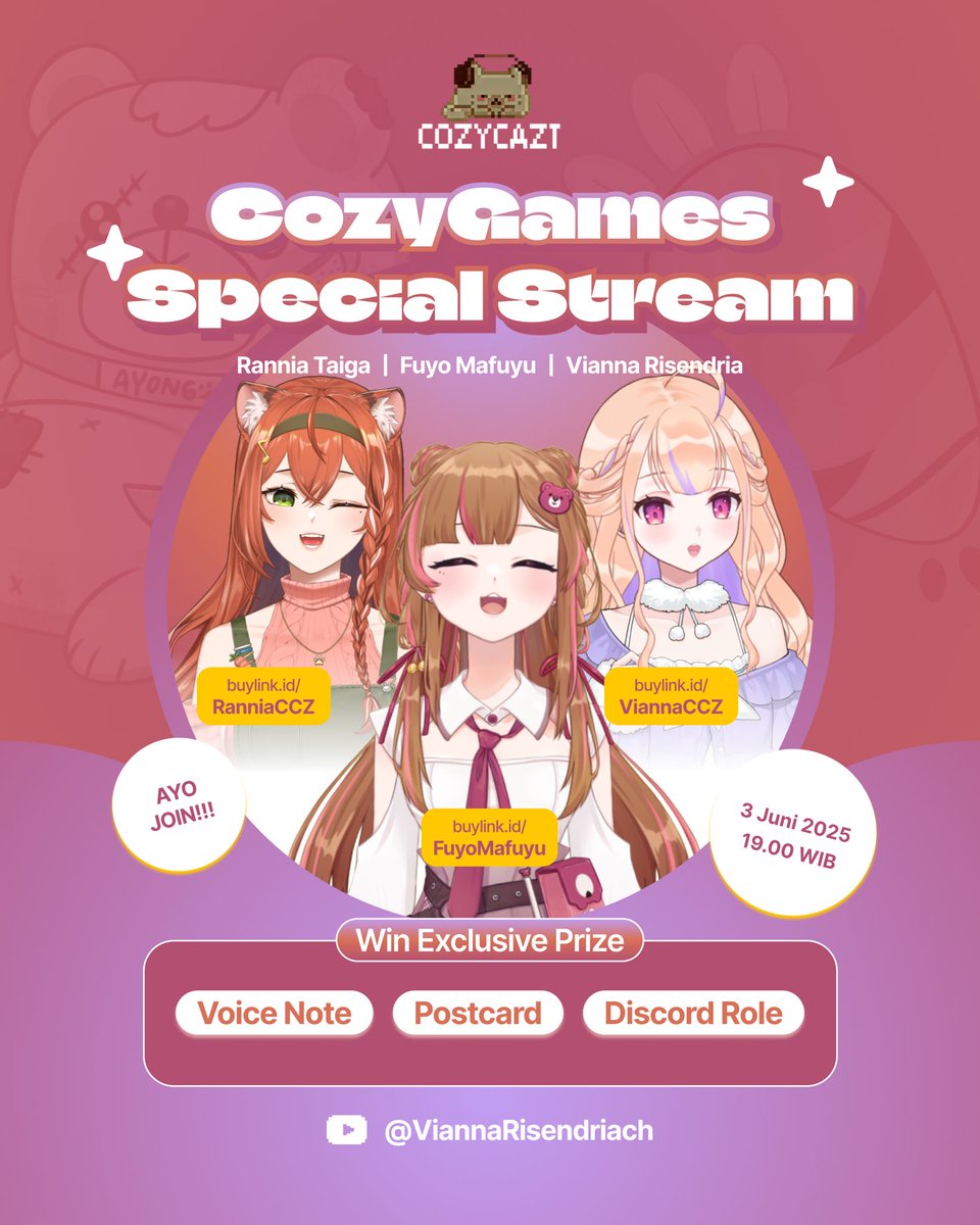CozyCazt's tweet photo. ‼️BESOKK‼️
Halow Cozyfam, Besok malem luangin waktu kalian yukk👀
Karena besok bakal ada Cozy Cazt Special Stream bareng Para Anime loh🥰

Yuk join &amp; dapatkan hadiah exclusive dari para Anime😧
🗓️03 Juni 2025, 19:00 WIB
🖇️ ViannaRisendriach (Youtube)

#CozyCazt #Vtuber #VtuberId https://t.co/dSRaVsmVcy