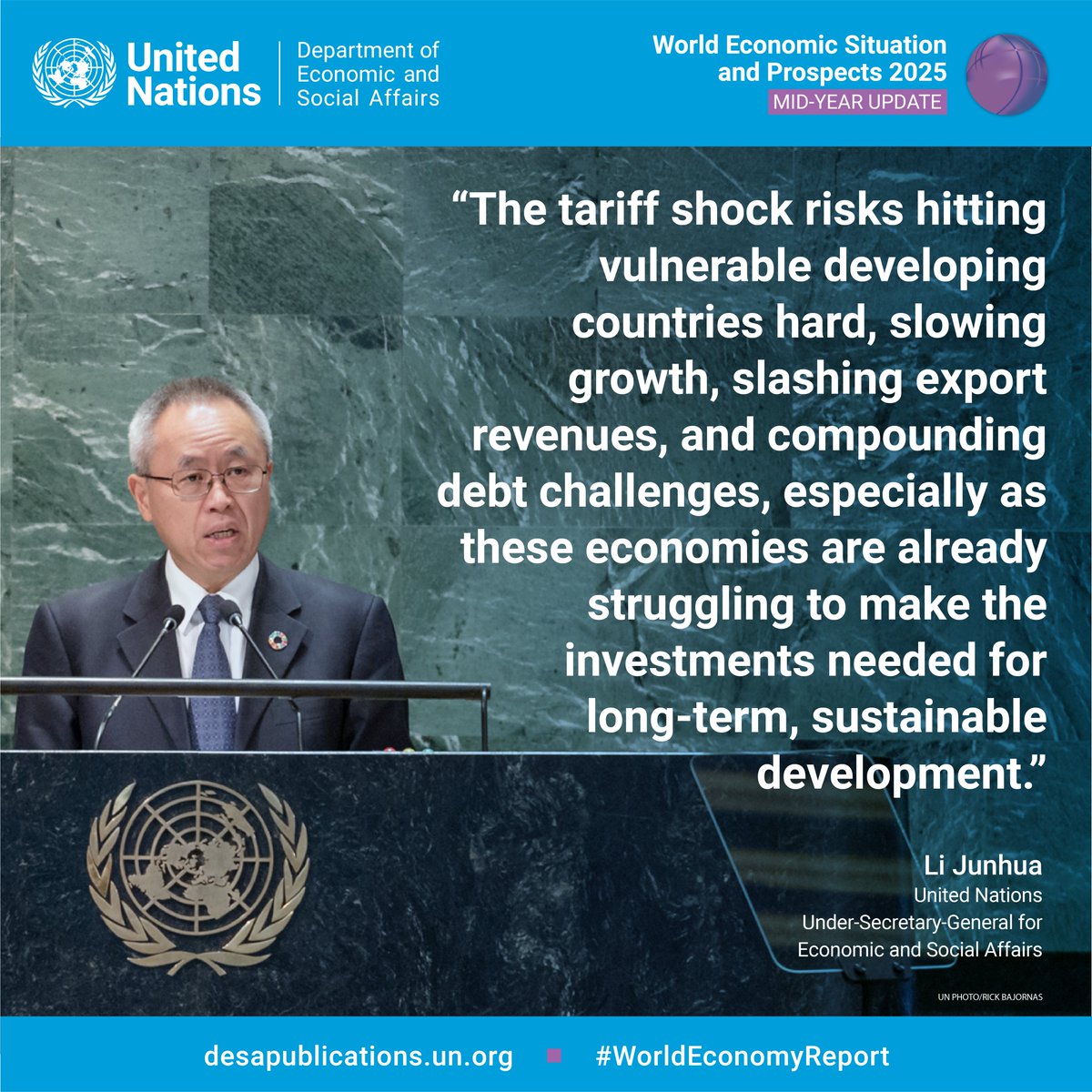 UNDevelopPolicy's tweet image. The world economy is at a precarious moment.

We urgently need stronger international cooperation to ease trade tensions and promote a stable, inclusive global economy.

Learn more from @UNDESA&apos;s mid-year update to the #WorldEconomyReport 2025: desapublications.un.org