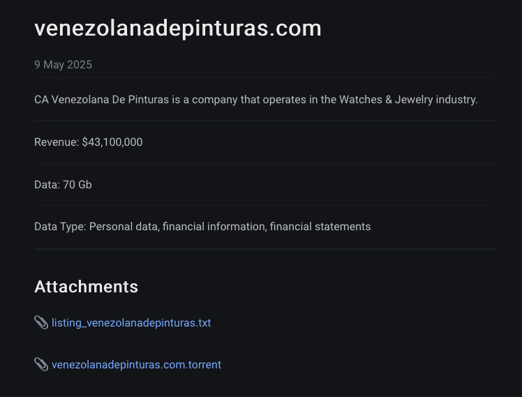 _venarixES_'s tweet photo. El grupo #JGroup #ransomware afirma haber #hackeado a Venezolana de Pinturas (https://t.co/J6LHEacfZI), con sede en #Valencia, #Venezuela 🇻🇪, produce pinturas y recubrimientos para los sectores doméstico, de la construcción, industrial y automotriz...
Es subsidiaria de #Orbis 🇨🇴 (@GrupoOrbis) y de #AkzoNobel 🇳🇱 (@AkzoNobel)
#AMS $AKZA
Más ℹ️ registrate gratis en #VenariX ➡️ https://t.co/OW9Te2XdwS
#Ciberataque #Caracas #Colombia #Medellin #Netherlands #Amsterdam #infosec #CyberSec #CyberAttack