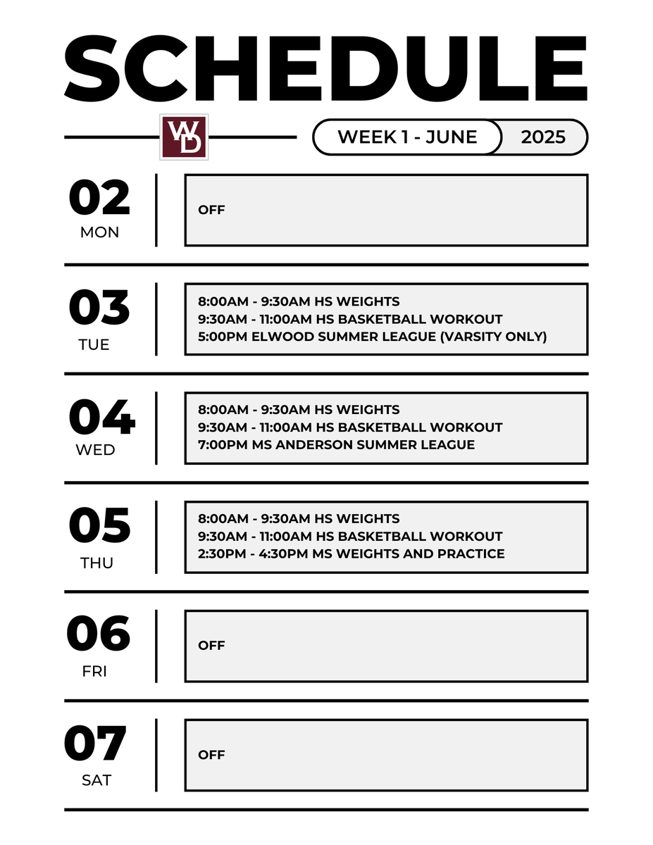 Week 1 boys' basketball schedule for June. Looking forward to a great summer of growth and development!

#Family