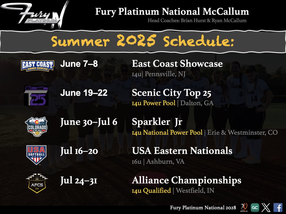 Fury Platinum National 2028 (@vafuryplat2028) on Twitter photo 🚨🔥SUMMER 2025 SCHEDULE🔥🚨
Excited to compete in many top events around the country, including National Power Pool at #cosparkfire Colorado, T25 at #ScenicCity and <a href="/thealliancefp/">The Alliance Fastpitch</a> National Championships in Indy!
#platinumproud <a href="/FuryPlatinum/">FuryPlatinumSoftballClub</a> 🚨🔥SUMMER 2025 SCHEDULE🔥🚨
Excited to compete in many top events around the country, including National Power Pool at #cosparkfire Colorado, T25 at #ScenicCity and <a href="/thealliancefp/">The Alliance Fastpitch</a> National Championships in Indy!
#platinumproud <a href="/FuryPlatinum/">FuryPlatinumSoftballClub</a>