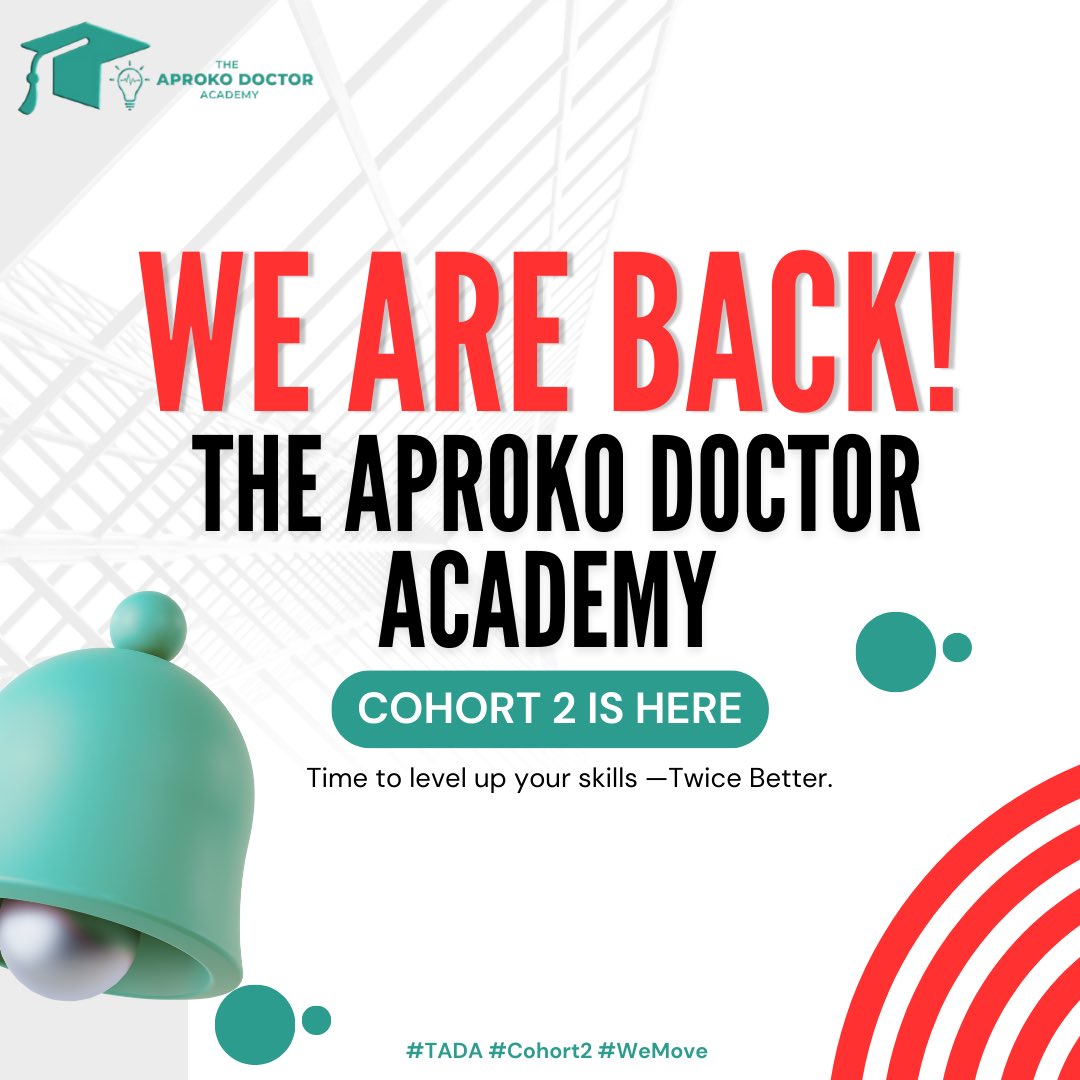 The Aproko Doctor Academy is opening its doors again.
Cohort 2 is here!
And this time it’s more impact, more knowledge, and more growth.

📅 Mark your calendars.
📲 Watch this space.
🎯 Stay ready — because this cohort will be bigger, bolder, and better.

#TADA2 is Back!.