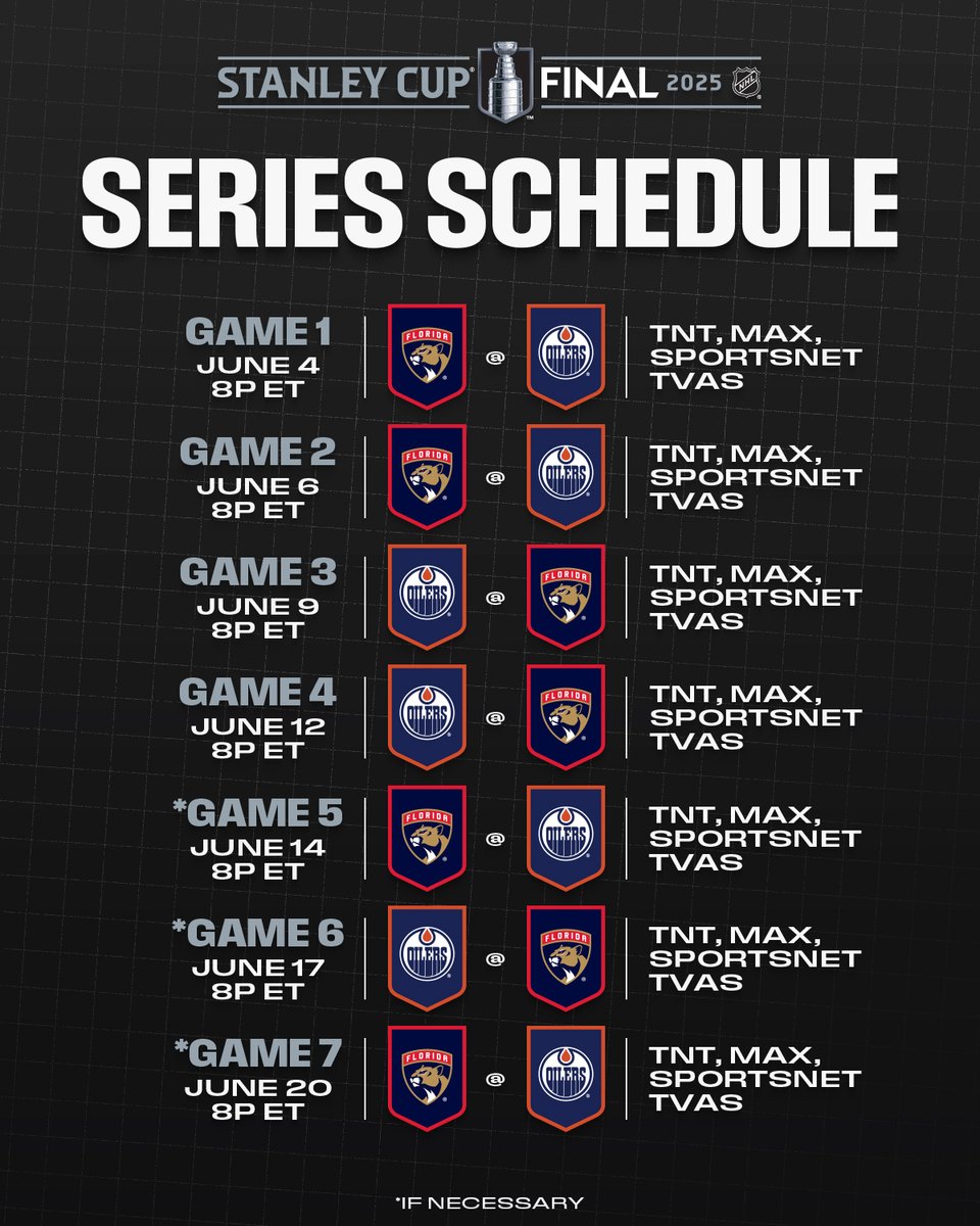 NHL (@nhl) on Twitter photo MARK YOUR CALENDARS 🗓️
The #StanleyCup Final between the <a href="/FlaPanthers/">x - Florida Panthers</a> and <a href="/EdmontonOilers/">Edmonton Oilers</a> begins Wednesday, June 4 at 8p ET on <a href="/NHL_On_TNT/">NHLonTNT</a>, <a href="/SportsonMax/">Sports on Max</a>, <a href="/Sportsnet/">Sportsnet</a>, and <a href="/TVASports/">TVA Sports</a>!
Read more from <a href="/NHLdotcom/">NHL.com</a> ➡️ spr.ly/6010NCqDw MARK YOUR CALENDARS 🗓️
The #StanleyCup Final between the <a href="/FlaPanthers/">x - Florida Panthers</a> and <a href="/EdmontonOilers/">Edmonton Oilers</a> begins Wednesday, June 4 at 8p ET on <a href="/NHL_On_TNT/">NHLonTNT</a>, <a href="/SportsonMax/">Sports on Max</a>, <a href="/Sportsnet/">Sportsnet</a>, and <a href="/TVASports/">TVA Sports</a>!
Read more from <a href="/NHLdotcom/">NHL.com</a> ➡️ spr.ly/6010NCqDw