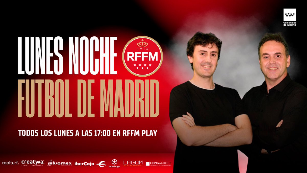 RFFM (@rffm_oficial) on Twitter photo 📺 LUNES NOCHE FÚTBOL DE MADRID
🔝 PROGRAMA 9️⃣5️⃣
🎙️ A partir de las 17:00h disfruta en 📺 RFFM PLAY del mejor resumen 🎥 de la jornada con <a href="/diegogarcia00/">Diego García 🎙</a>, <a href="/GabrielFdezG/">Gabriel Fernández</a>, Álvaro Pino y <a href="/nekane129/">Nekane Quiñones Goicoechea</a>
🔗 youtube.com/@rffmplay?si=7… 📺 LUNES NOCHE FÚTBOL DE MADRID
🔝 PROGRAMA 9️⃣5️⃣
🎙️ A partir de las 17:00h disfruta en 📺 RFFM PLAY del mejor resumen 🎥 de la jornada con <a href="/diegogarcia00/">Diego García 🎙</a>, <a href="/GabrielFdezG/">Gabriel Fernández</a>, Álvaro Pino y <a href="/nekane129/">Nekane Quiñones Goicoechea</a>
🔗 youtube.com/@rffmplay?si=7…