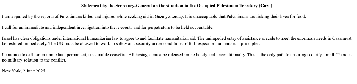 Noticias ONU (@noticiasonu) on Twitter photo Estoy consternado por los informes de palestinos muertos y heridos ayer mientras buscaban ayuda en Gaza. Es inaceptable que los palestinos arriesguen sus vidas por alimentos
Pido una investigación inmediata e independiente y que los responsables rindan cuentas.
<a href="/antonioguterres/">António Guterres</a> Estoy consternado por los informes de palestinos muertos y heridos ayer mientras buscaban ayuda en Gaza. Es inaceptable que los palestinos arriesguen sus vidas por alimentos
Pido una investigación inmediata e independiente y que los responsables rindan cuentas.
<a href="/antonioguterres/">António Guterres</a>