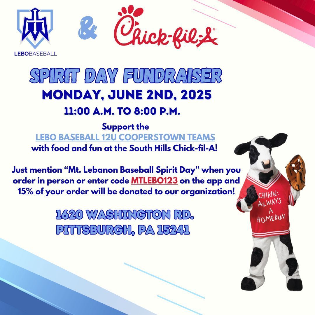TODAY! Monday, June 2nd- 12U Cooperstown Chick-fil-A Spirit Day @ South Hills Location -- USE CODE MTLEBO123