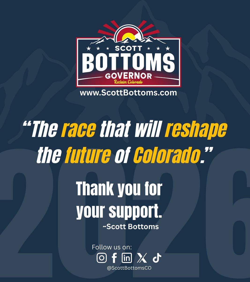 💯The race to reshape Colorado’s future starts now! I’m Scott Bottoms, and I’m fighting to Reclaim Colorado for all Coloradans—restoring safety, security, and common sense. Thank you for your support! Join me in this movement to take back our state. 🌄🙏 #ReclaimColorado