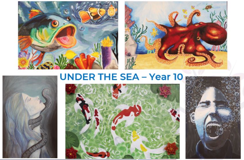 Year 10 scholars have been developing technical skills for their ‘Under the Sea’ project.  They have experimented with the application of paint, tonal collage work, stencil work and embroidery.
As a result here are some of the wonderful results which have been created.