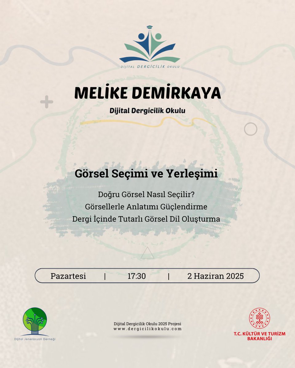 Melike Demirkaya ile Görsel Seçimi ve Yerleşimi dersimizle;

Doğru Görsel Nasıl Seçilir?
Görsellerle Anlatımı Güçlendirme
Dergi İçinde Tutarlı Görsel Dil Oluşturma

📅 2 Haziran 2025, Pazartesi
🕘 17:30
🚩 Dijital Dergicilik Okulu