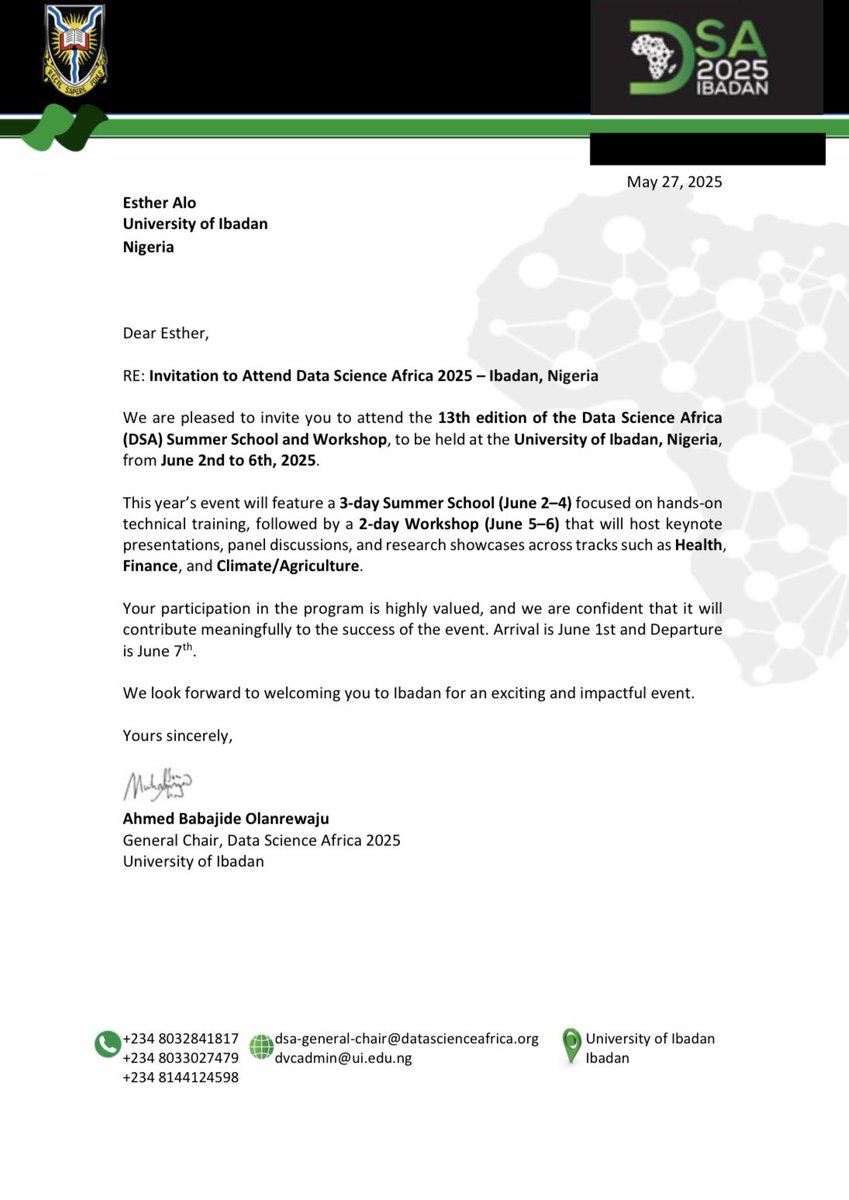 Alo Esther Abimbola (@estheralo2) on Twitter photo Today marks the kickoff of the Data Science Africa (DSA) 2025 <a href="/dsa_org/">Data Science Africa - DSA</a> Conference at the University of Ibadan, and I’m incredibly excited to be part of it!
I’m honored to have received an official invitation to this year’s conference.
#DSA2025ibadan Today marks the kickoff of the Data Science Africa (DSA) 2025 <a href="/dsa_org/">Data Science Africa - DSA</a> Conference at the University of Ibadan, and I’m incredibly excited to be part of it!
I’m honored to have received an official invitation to this year’s conference.
#DSA2025ibadan