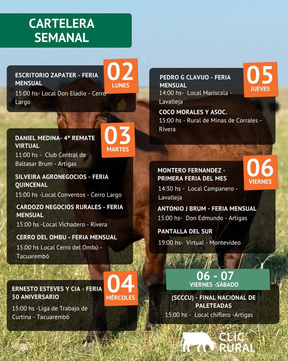 📢 Cartelera semanal de ClicRural!⁣⁣⁣⁣

🌟 Descargate la APP CLICRURAL y seguí todos en VIVO 📲⁣⁣⁣⁣⁣⁣⁣⁣⁣⁣⁣⁣⁣⁣⁣⁣⁣⁣⁣⁣⁣⁣⁣⁣⁣⁣⁣⁣⁣⁣⁣⁣⁣⁣⁣

Ingresá en clicrural.com.uy 💻
A tan solo un clic 

📡 ClicRural La Fuerza Digital 💪