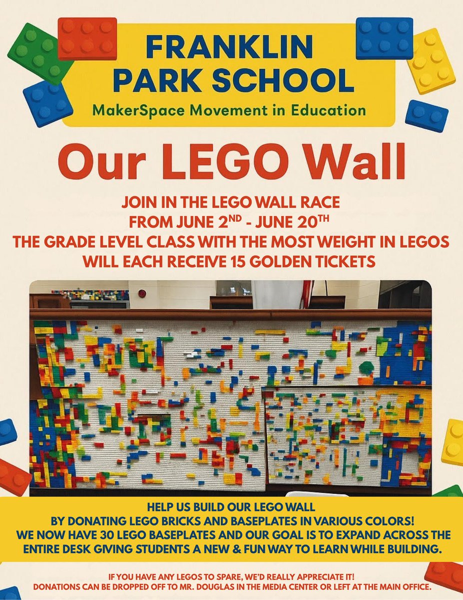 Help us build our Lego Wall by Donating Lego Bricks and Baseplates in various colors so we can expand the Lego Wall! The Lego Wall Race is June 2nd until June 20th.  Each week the Lego's will be weighed and the winner will be announced shortly after. <a href="/FPS_Stein_FTPS/">Jennifer Stein</a>