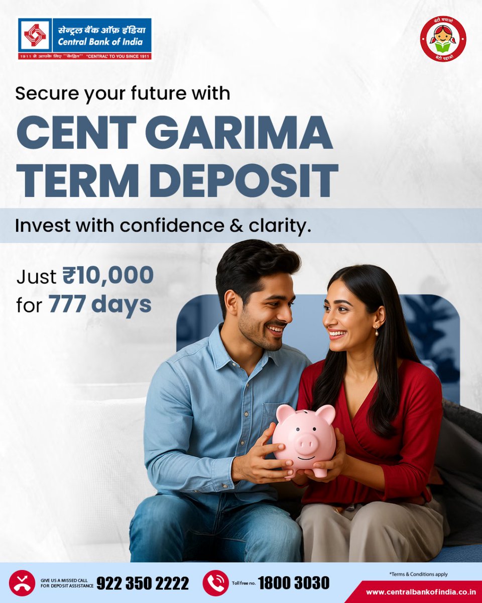 centralbank_in's tweet photo. Cent Garima Term Deposit Scheme is for you. Open a Cent Garima Term Deposit Scheme account today and grow your savings.
#CentGarima #TermDeposit #CentralBankOfIndia #CentralToYouSince1911 https://t.co/wzevk8iu2F