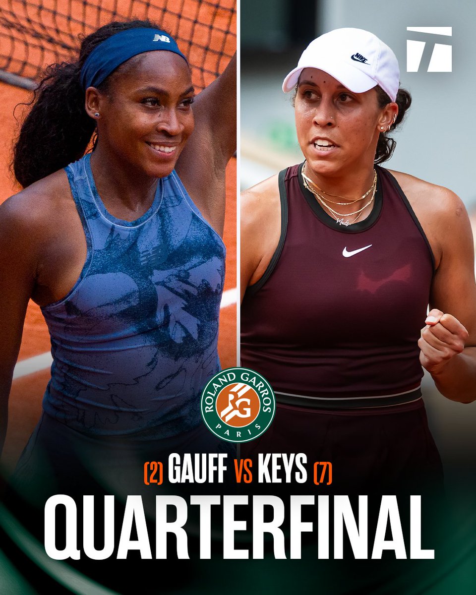 An all-American QF is set 🦅

Keys leads the head-to-head 3-2, but these two haven’t met since 2024 Madrid. 👀

Watch live on TNT/Max or replay later on the Tennis Channel App!

#RolandGarros