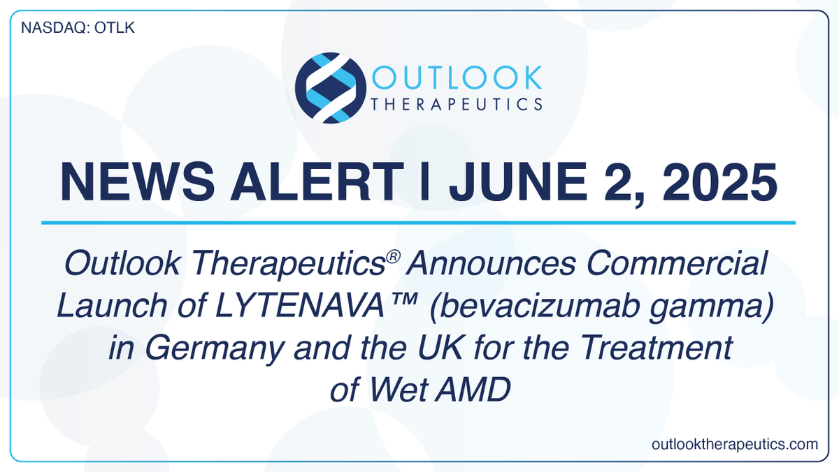 OutlookTx's tweet photo. Outlook Therapeutics® Announces Commercial Launch of LYTENAVA™ (bevacizumab gamma) in Germany and the UK for the Treatment of Wet AMD

https://t.co/XUrPWHDLgW 
$OTLK #ophthalmology #retinadisease #wetAMD https://t.co/v7IHYj5SqV