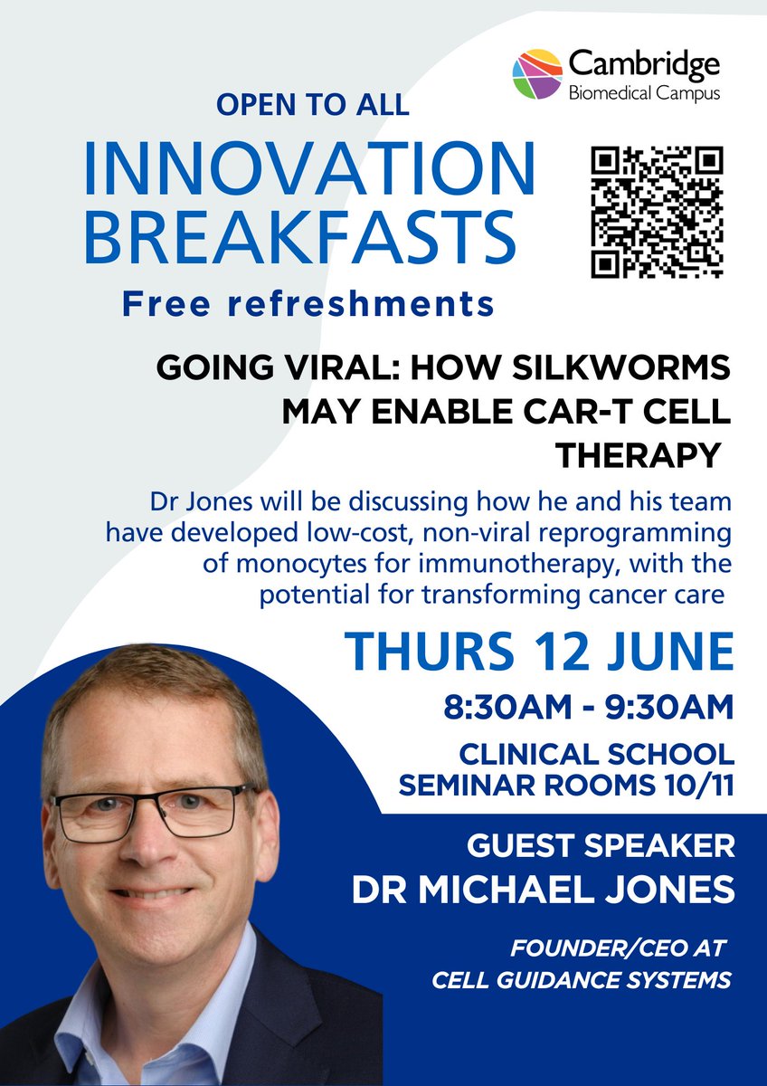 CamBioCampus's tweet image. For our next Innovation Breakfast next week, Dr Michael Jones, CEO of @CellGuidance, will explain how he and his team developed low-cost, non-viral reprogramming of monocytes for immunotherapy, and what comes next.
cambridge-biomedical.com/event/cbc-inno…