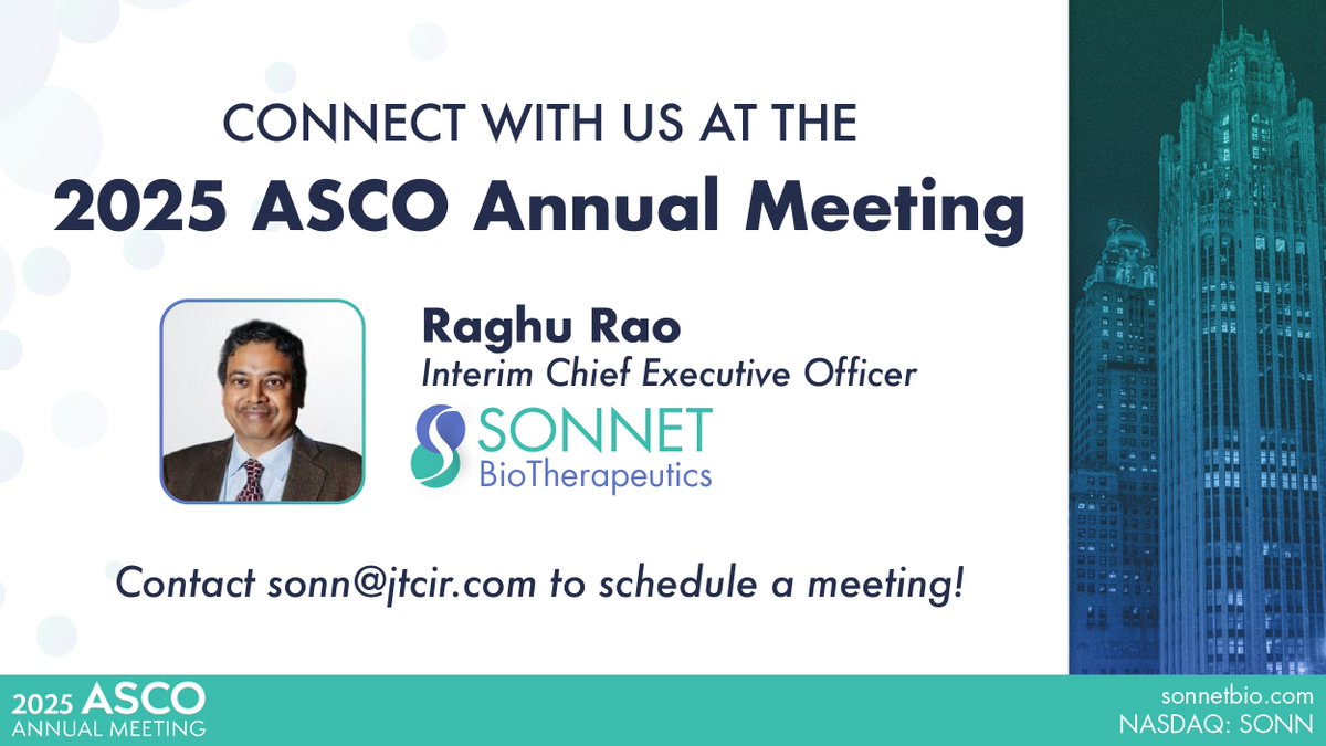 SonnetBio's tweet image. ⏳ Last chance to connect at #ASCO25!

$SONN CEO Raghu Rao is in Chicago through June 3 for the ASCO Annual Meeting.

📩 Don’t miss the opportunity — reach out now to schedule a meeting: sonn@jtcir.com

#Oncology #SolidTumors