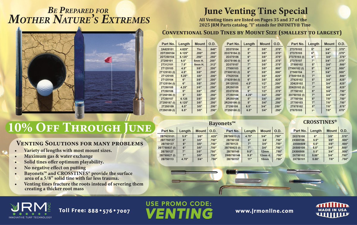 ⭐️NEW SPECIAL⭐️ RUNS THRU THE MONTH OF JUNE! 10% OFF~ VENTING SPECIAL!!! Great for drought or excessive rain…open up your greens. USE PROMO CODE: VENTING SPECIAL~USA SHIPMENTS ONLY #madeinusa🇺🇸 #qualitymatters #LetEmBreathe #solidtines #jrminc #crosstine #bayonets #SummerSale
