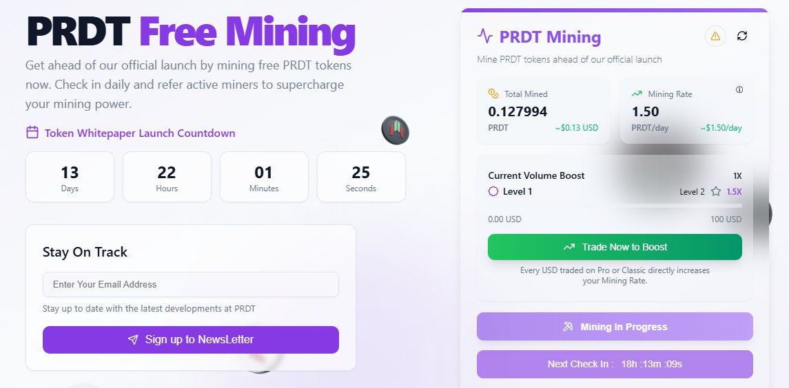 ChainMapper's tweet image. 🚀 Get ready to mine free $PRDT tokens! PRDT Free Mining just launched. Join in and boost your mining power before launch.

🔑 Invite code: GTBFPWYYZ

🍀 Join here: prdt.finance/mining?referra…

⚠️ Follow @PRDT_Finance for updates!

#AirdropHunters #CryptoNews #Web3Rewards