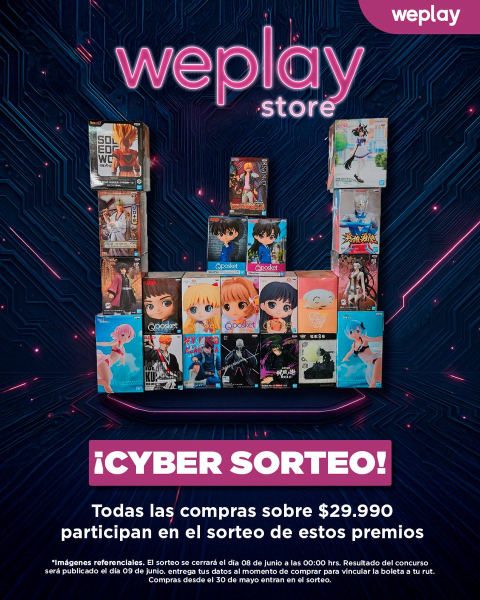 weplaystore_cl's tweet photo. 🕹️ ¡El #Cyberplay en #Weplay viene con premio!🎉 Todas las compras desde el 30 de mayo por sobre los $29.990 participan en el sorteo de estas figuras #Banpresto😍 ¡Que tu compra te sorprenda! 💥💖 Revisa las ofertas en web https://t.co/QuuX0Cot4u y en tiendas físicas #WeplayStore https://t.co/A5HyBt2JwO