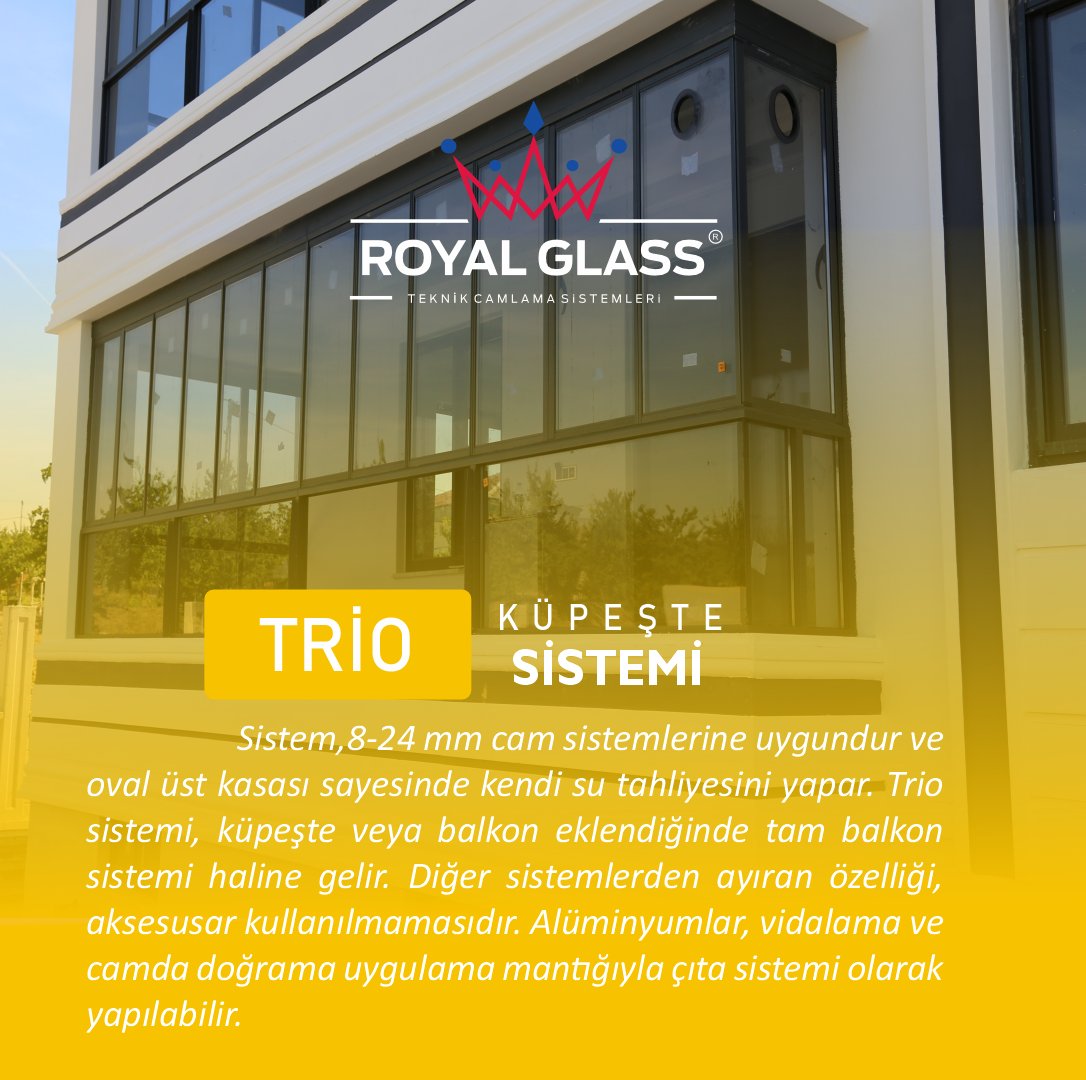 RoyalGlasscomtr's tweet photo. Sistem,8-24 mm cam sistemlerine uygundur ve oval üst kasası sayesinde kendi su tahliyesini yapar. Trio sistemi, küpeşte veya balkon eklendiğinde tam balkon sistemi haline gelir. Diğer sistemlerden ayıran özelliği, aksesusar kullanılmamasıdır. #cambalkon #glassbalcony #trio https://t.co/Sy22wHleCS
