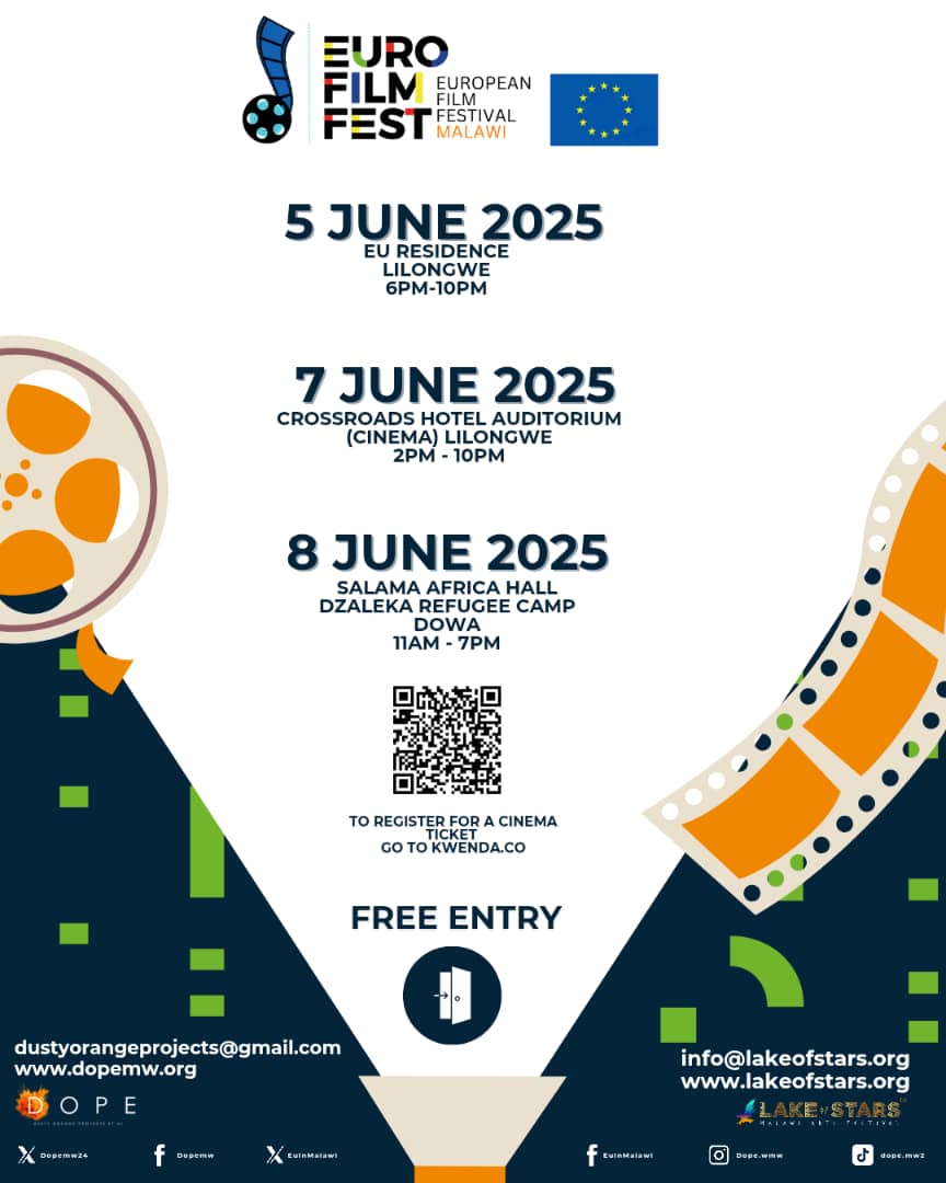 The wait is finally over. A weekend of unforgettable storytelling &amp; impactful films is coming your way! Join us for European Film Festival at EU Residence on 5 June, Crossroads Hotel on 7 June &amp; Dzaleka Refugee Camp on 8 June! 
Free entry!
Register now at Kwenda.Co