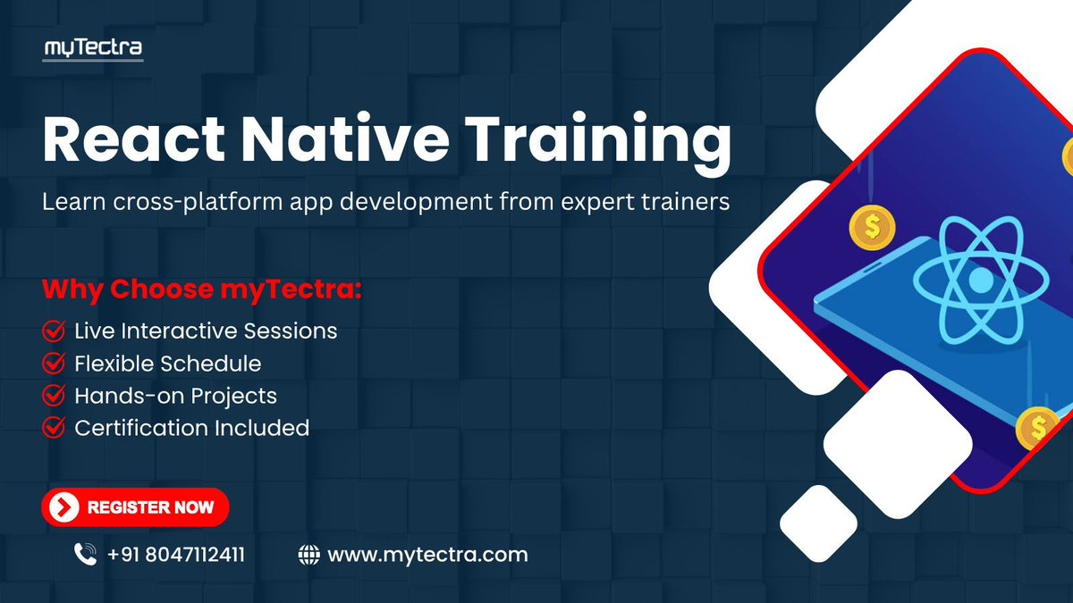 mytectra's tweet image. 🚀 Become a Mobile App Developer with React Native – Learn Online with myTectra!
📞 Call: +91 8047112411
🔗 Enroll Now: mytectra.com/react-native-a…
#ReactNativeTraining #myTectra #MobileAppDevelopment #LearnReactNative #CrossPlatformApps #OnlineTechTraining #JavaScript