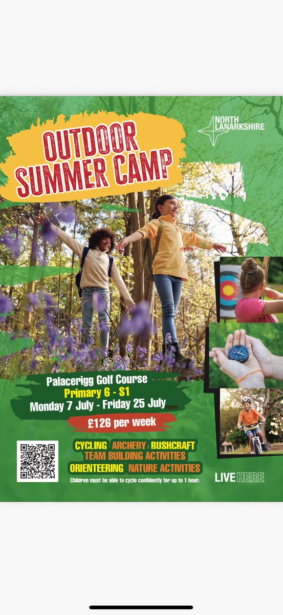 NEW - Outdoor Education Summer Camp bookings are filling up fast 🚲🪵🎯🧭

🤸‍♀️ Fun Outdoor activities 
🏟️ Palacerigg Country Park
📅 Monday 7th July - Friday 25th July
💷 £126 per week
👫 Primary 6 - S1

For more information visit - activenl.co.uk/summer-camps